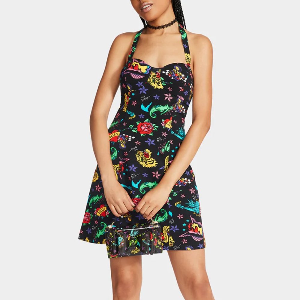 Betsey Johnson 80th Bash Tattoo Sweetheart Halter Trapeze Dress, Size XXL NWT